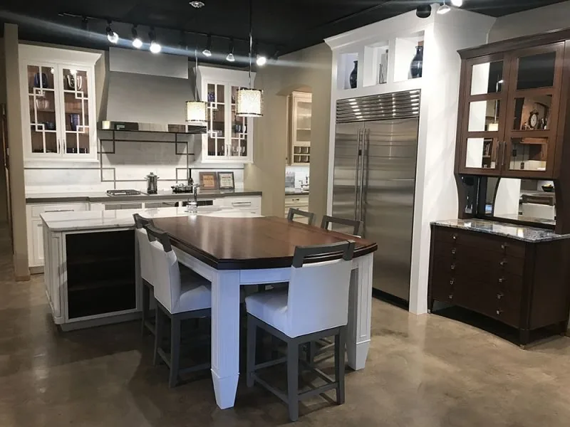 The Plush Designs showroom floor, with a full display kitchen and cabinetry